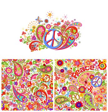 T-shirt print with hippie peace symbol and hippie wallpaper with colorful abstract flowers, mushrooms and paisley