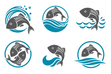 collection of fish icon with waves