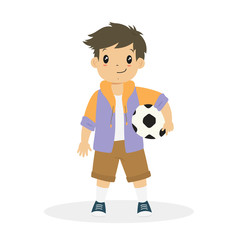 happy boy standing and holding a soccer ball cartoon vector