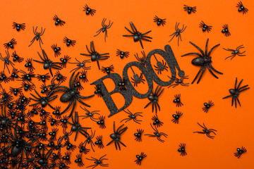 Halloween background, black spiders on the orange background