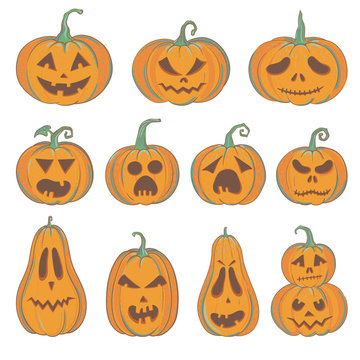 set of carved Halloween pumpkins