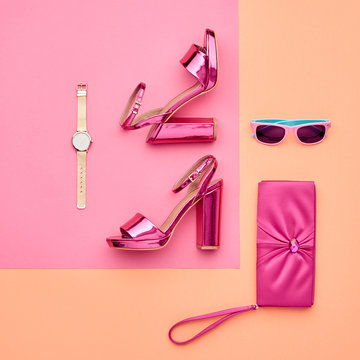 Fashion Accessories Set. Minimal. Glamor fashion Metallic Pink shoes Heels. Trendy Sunglasses fashionable Handbag Clutch. Luxury Shiny Party lady. Pastel Art Colorful Style.