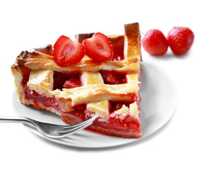 Plate with delicious piece of strawberry pie on white background