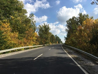Fototapeta premium Driving during autumn towards Poroszlo