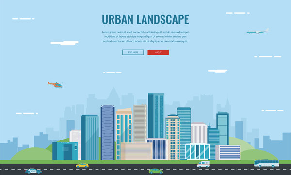 Urban landscape. Modern city. Building architecture, cityscape town. Concept website template. Vector 