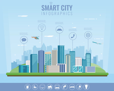 Smart City. Urban Landscape With Infographic Elements. Modern City. Concept Website Tamplate. Vector 