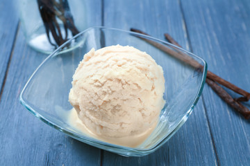 Delicious vanilla ice cream in glass bowl on wooden background