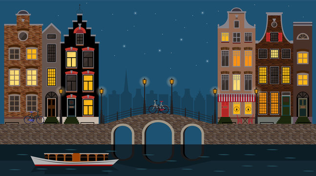 Amsterdam traditional houses night view with bridge, canal and boat, old city center. Vector illustration, flat design template