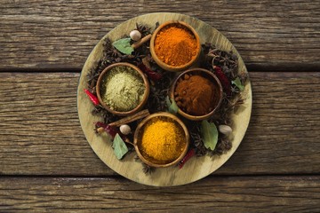 Various spices on wooden board