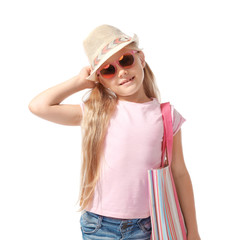Cute little girl on white background. Summer vacation concept