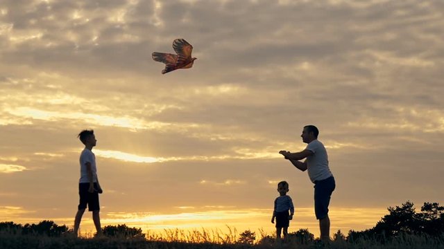 Happy family father and children running in the meadow with a kite in summer at sunset