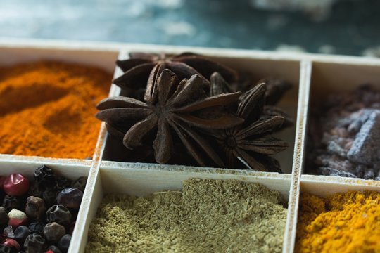 Various spices arranged in tray