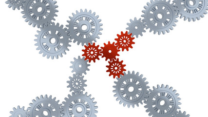 Up View of Several Silver Gears and Four Red