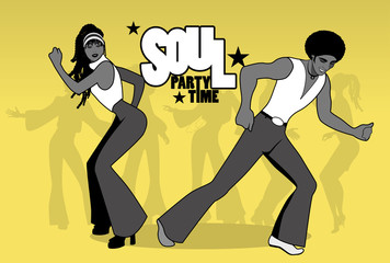 Soul Party Time. Young couple dancing soul, funk or disco. Retro style.