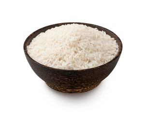 Fototapeta na wymiar Uncooked white long grain rice in a bowl, isolated on white