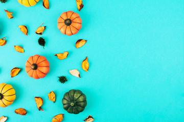 Decorative pumpkins with fall leaves frame.