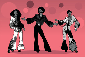 Soul Party Time. Group of man and two girls dancing soul, funk or disco. Retro style. - obrazy, fototapety, plakaty