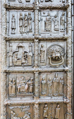 Detail of the ancient bronze Magdeburg Gates of St. Sophia Cathedral in Veliky Novgorod, Russia, 1153 year