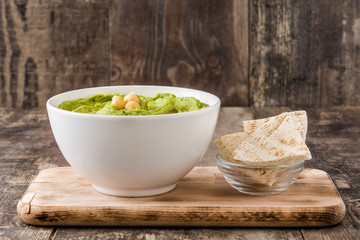 Avocado hummus in bowl on wooden table
