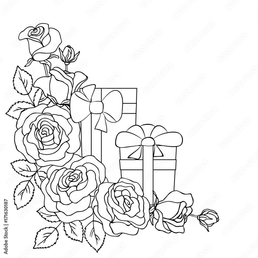 Wall mural vector contour illustration of rose bouquet and present box