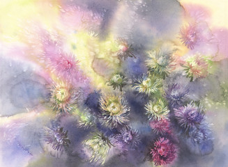Bouquet of color asters on brown watercolor background
