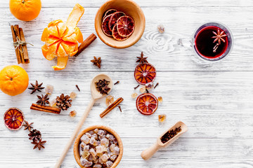 Celebrate new year winter evening with hot drink. Mulled wine or grog ingredients. White background...