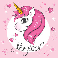 Cute magical unicorn. Vector design on white background. Print for t-shirt. Romantic hand drawing illustration for children.