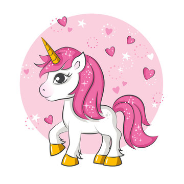 Cute magical unicorn. Vector design on white background. Print for t-shirt. Romantic hand drawing illustration for children.