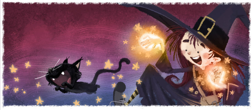 ni&ntilde;a bruja con gato en halloween