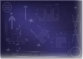 Machine-building drawings on a blue background