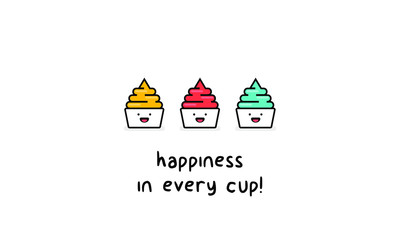 Happiness In Every Cup! (Frozen Yogurt With Smiley Face Line Art in Flat Style Vector Illustration Icon and Quote Poster Design)