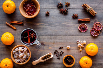 Ingredients mulled wine or grog with spices and citrus for winter evening. Christmas new year eve....