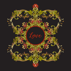 Floral decorative pattern for embroidery with word Love. Royal o