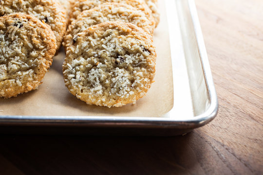 freshly made coconut cookies on baking sheet
