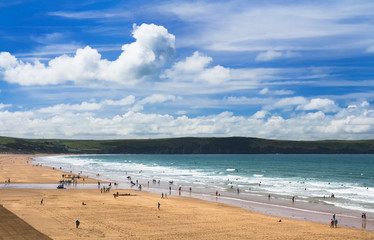 A lot of people on a popular English beach Woolacombe. Devon. UK
