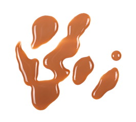 Spilled chocolate milk puddle isolated on white background, top view
