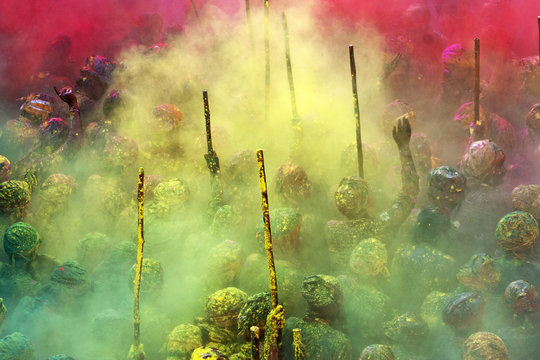 Holi Festival with colored powder spread in air