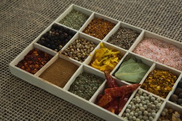 Various spices arranged in tray