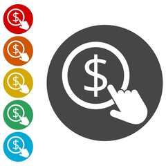 Hand Click icons set. Currency exchange sign. Dollar coin 