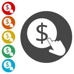 Hand Click icons set. Currency exchange sign. Dollar coin 