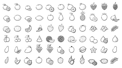 Outline linear web icon set - Fruit and berries Thin Line Icons For Business, Leisure. Orange, banana, strawberry,grape,cherry, mango papaya, pear, kiwi, lemon and other various 