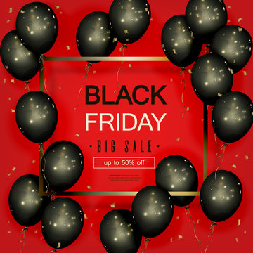 Black Friday Sale Banner with Black Balloons and Golden Elements in the Frame. Vector illustration