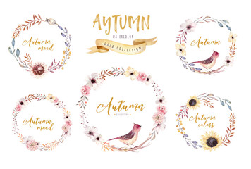 Watercolor floral boho flower wreath. Watercolour natural frame: leaves, feather and birds. Isolated on white background. Artistic bohemian decoration illustration. Save the date