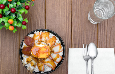 High angle and face with salt pork and rice, Thai food.