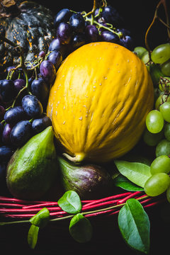 Yellow Melon and Other Fruits Lighted Up in Italian Baroque Styl