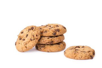 Chocolate chip cookie on white background.