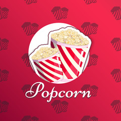 Popcorn is isolated in a striped logo logo emblem for your produce, an appetizer bucket when you watch movies. Label, wrap Miniature fast food Vector illustration for your project