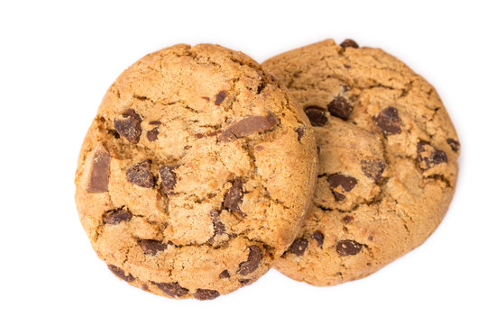 Two chocolate chip cookies isolated on white background.