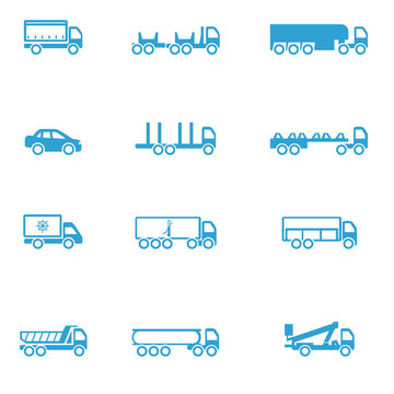 Icons for different types of special vehicles, part 2 / There are icons for special freight transport like car, refrigerator, and garbage truck
