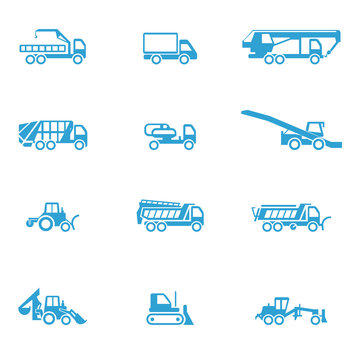 Icons for different types of special vehicles, part 3 / There are icons for special transport like loader, bulldozer, and cesspool emptying machine
